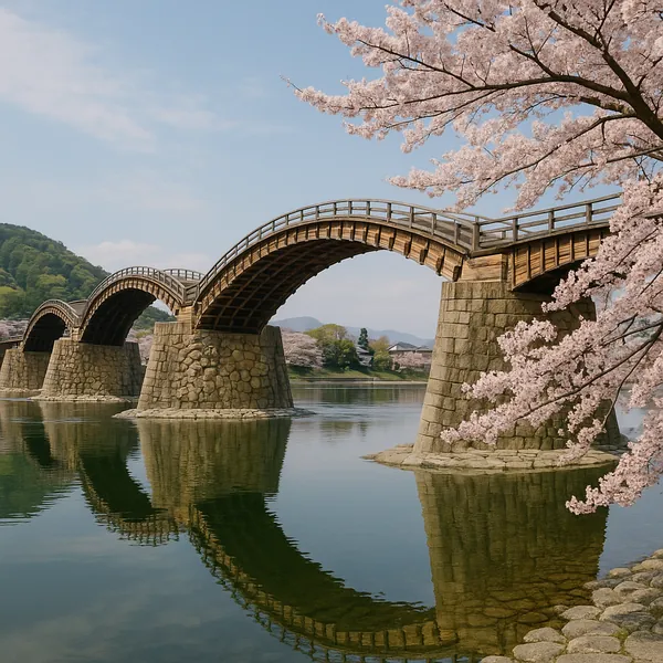 Discover a puzzle with a graceful arched wooden bridge stretching over glassy water, its stone piers and perfect reflection mirrored beneath a soft spring sky.
