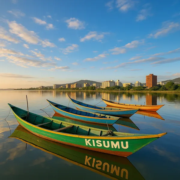 Enjoy assembling a puzzle depicting colorful wooden boats moored on a glassy lake at sunrise, the lead boat branded "KISUMU" in bold white letters.