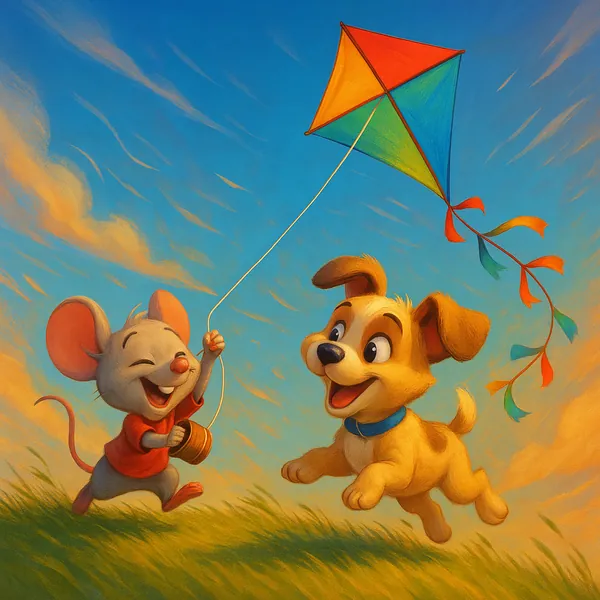 Discover a puzzle with an adorable scene of a cheerful mouse and a playful puppy flying a colorful kite against a warm, late-afternoon sky.