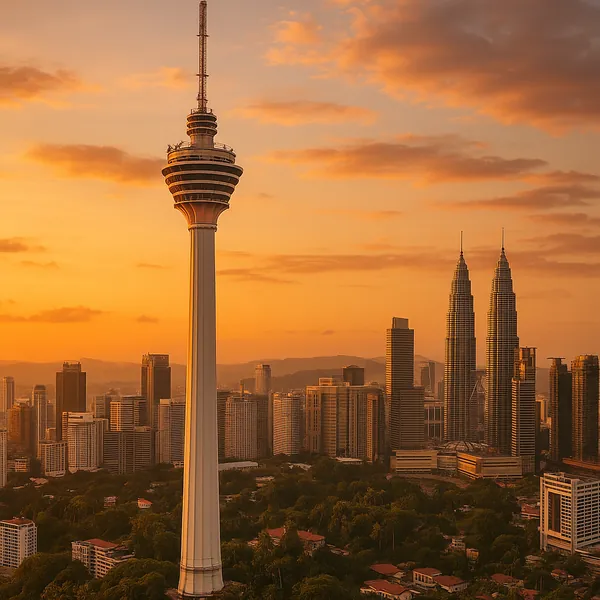Discover a puzzle with a golden-hour Kuala Lumpur skyline, showcasing a tall observation tower in the foreground and twin skyscrapers catching the warm light of