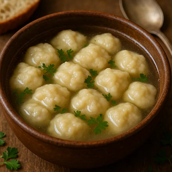 Enjoy assembling a puzzle depicting a cozy bowl of golden dumpling soup: soft, pillowy dumplings floating in clear, savory broth with bright green parsley leave