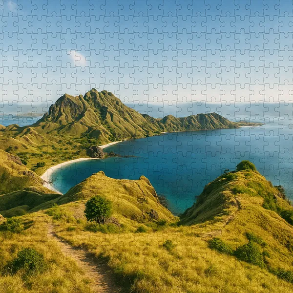 Discover a puzzle with a sunlit coastal landscape showing rolling golden-green hills that slope down to a crescent bay of deep turquoise and calm blue sea.