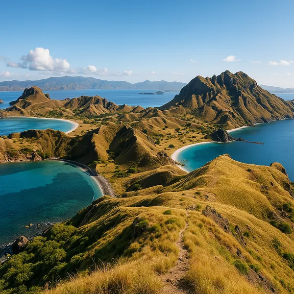 Discover a puzzle with sunlit rolling hills and crescent bays along a turquoise coastline.