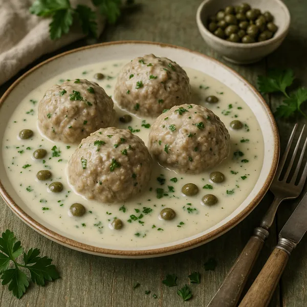Enjoy assembling a puzzle depicting a cozy plate of tender meatballs nestled in a silky cream sauce, dotted with capers and fresh parsley.