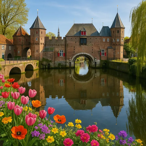 Discover a puzzle with a charming medieval brick gatehouse and turrets spanning a calm canal, its graceful arched entrance and towers mirrored perfectly in the