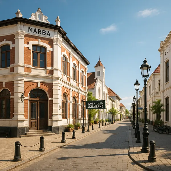 Discover a puzzle with a sunlit historic street scene in Kota Lama Semarang, where warm terracotta brick facades and creamy stone trim meet a pale blue sky.