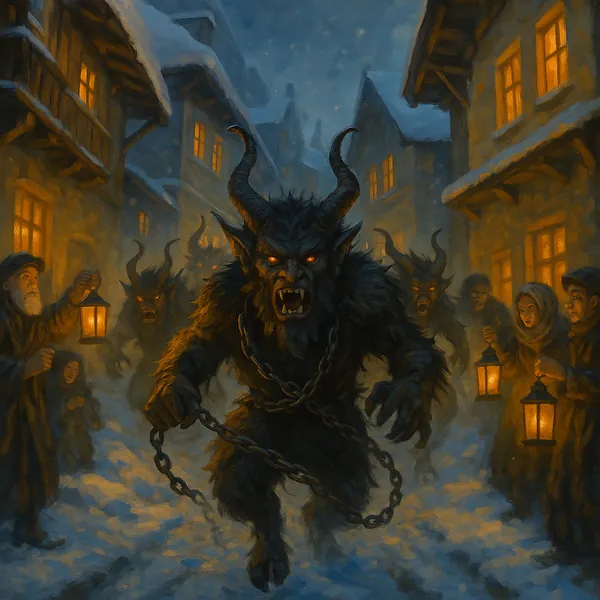 Discover a puzzle with a dramatic winter village scene where horned, mythical creatures stride down a snow-covered lane beneath glowing windows.