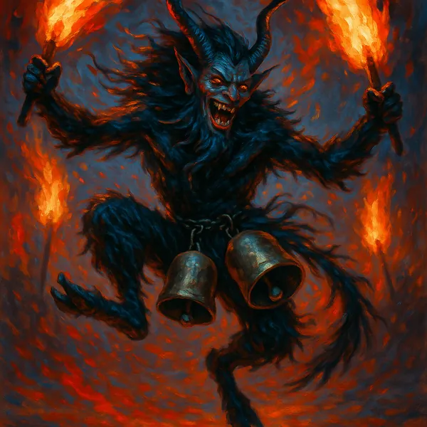 Discover a puzzle with a dramatic fantasy scene of a horned, furred creature leaping through a swirl of smoke and fire while clutching blazing torches and a pai