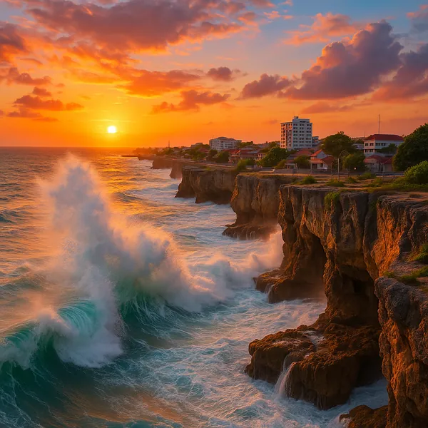 Discover a puzzle with a dramatic coastal sunset where golden-orange skies meet turquoise waves crashing against rugged limestone cliffs beside a quiet seaside