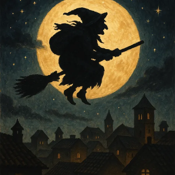Discover a puzzle with a whimsical silhouette of a witch on a broom sweeping across a huge golden moon.