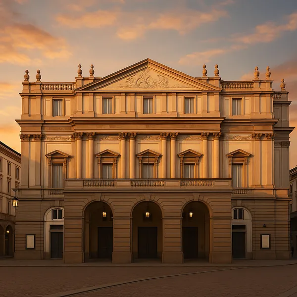 Enjoy assembling a puzzle depicting a grand neoclassical theater façade bathed in warm, golden-hour light.
