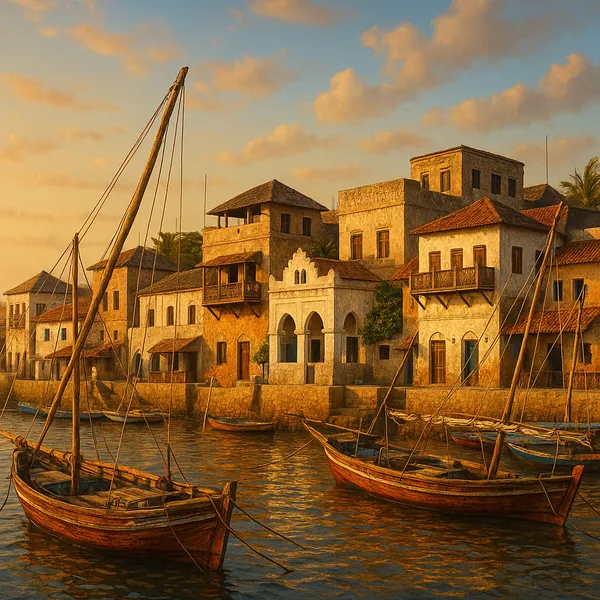 Enjoy assembling a puzzle depicting a golden seaside harbor at sunset, where weathered stone buildings and wooden sailboats rest quietly along a sunlit quay.