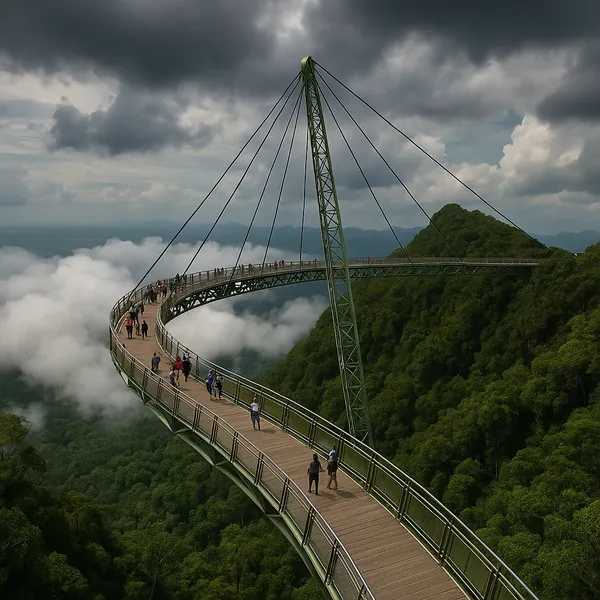 Enjoy assembling a puzzle depicting a graceful, curved skybridge suspended above lush green mountains and drifting clouds.