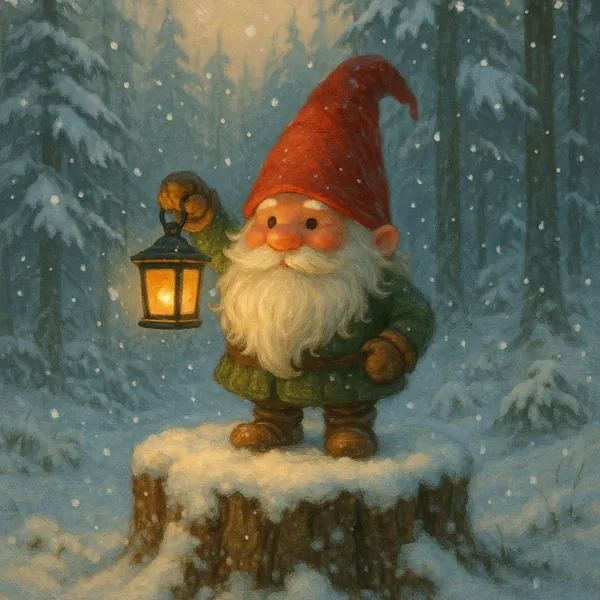 Enjoy an online jigsaw puzzle designed for browser play, featuring a whimsical winter gnome standing on a snow-topped stump.