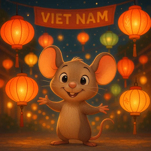 Discover a puzzle with a cheerful little mouse standing beneath glowing Vietnamese lanterns, a festive "VIET NAM" banner above, and a night sky sprinkled with s