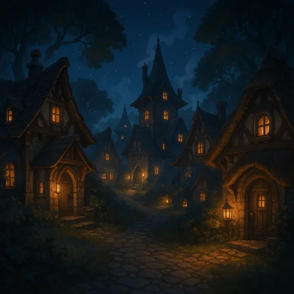 Discover a puzzle with a cozy, fairy-tale night village lit by warm, golden windows and lanterns.