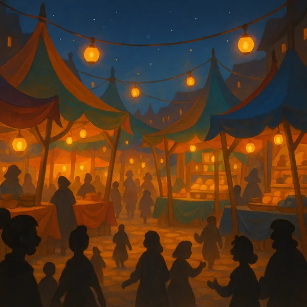 Discover a puzzle with a cozy evening market scene lit by strings of glowing lanterns.