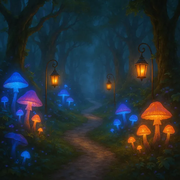 Discover a puzzle with a moonlit, enchanted forest path lined by glowing blue and amber mushrooms and softly glowing antique lampposts.
