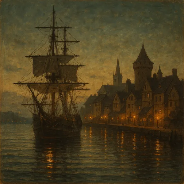 Discover a puzzle with a moody twilight scene of a tall sailing ship silhouetted against a dusky sky, moored beside a lantern-lit medieval quay.