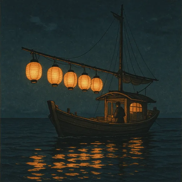 Discover a puzzle with a tranquil lantern-lit fishing boat drifting on a calm night sea, perfect for PuzzleFree.Game.