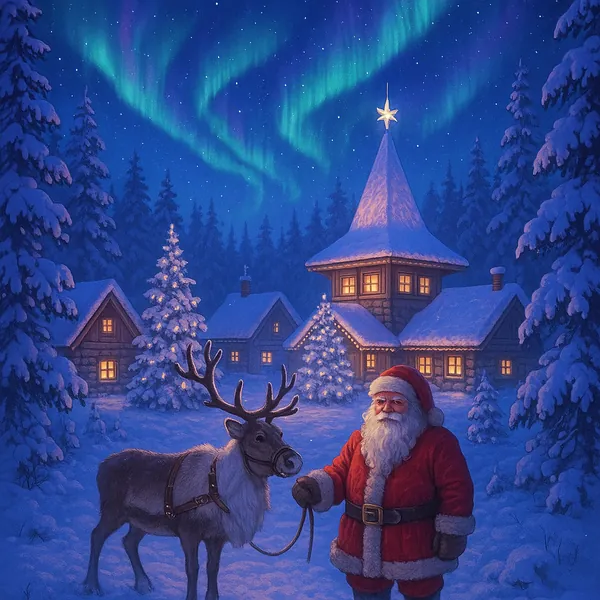 Discover a puzzle with a cozy snowy village scene where Santa stands beside a gentle reindeer under the glowing northern lights.