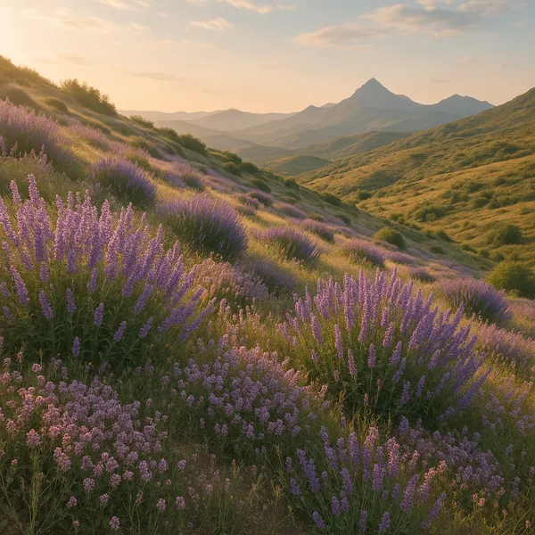 Discover a puzzle with a sweeping field of lavender and wildflowers cascading down sunlit hills toward a distant, craggy mountain peak.