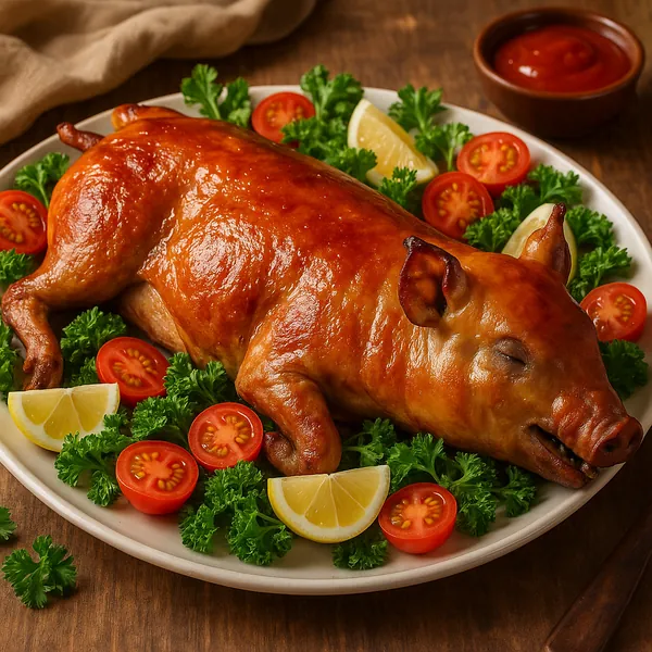 This online jigsaw puzzle features a beautifully roasted whole pig presented as a classic food-themed scene.