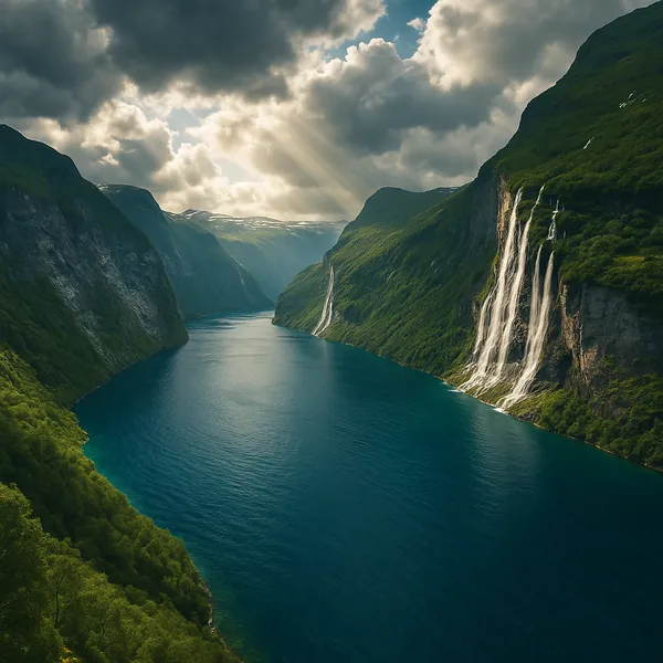 Discover a puzzle with a dramatic fjord scene framed by steep, verdant cliffs and a deep teal-blue river winding into the distance.