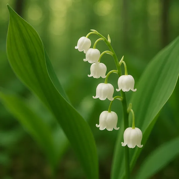 Discover a puzzle with a close-up of delicate white lily-of-the-valley blooms gently arching against a soft, sun-dappled green woodland background.
