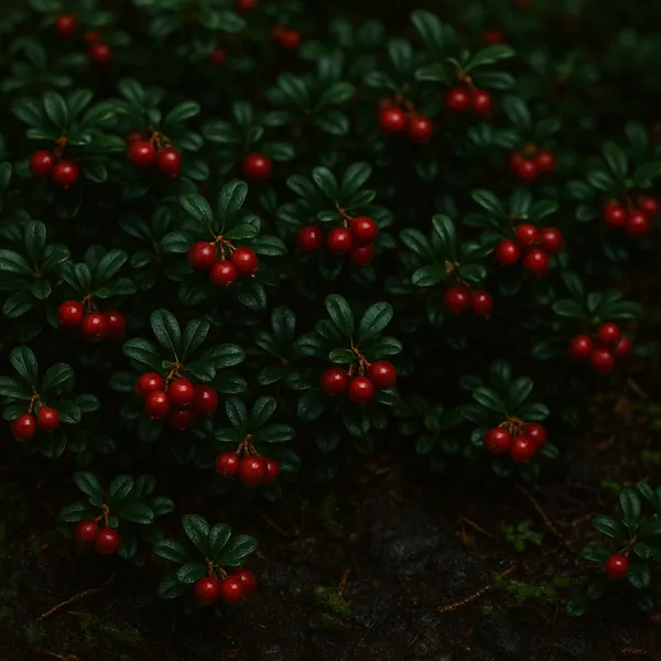 Discover a puzzle with a close-up of glossy dark-green leaves dotted with clusters of bright red berries against a soft, shadowy forest floor.
