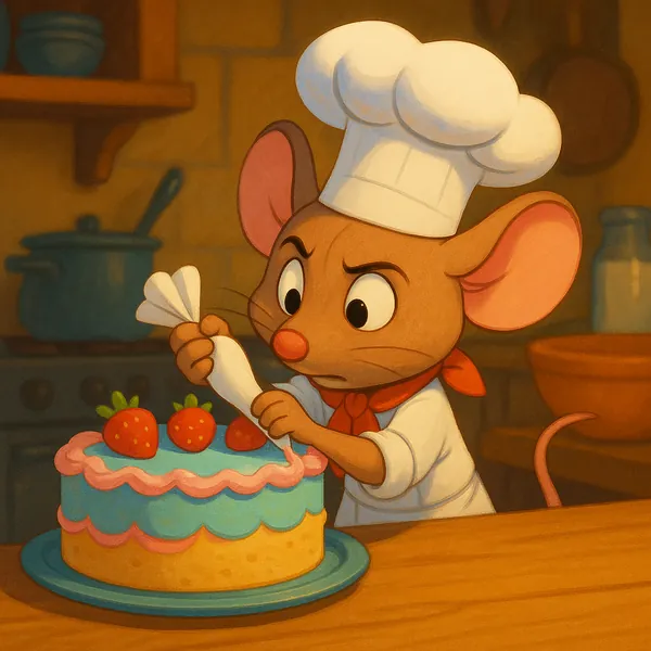 Enjoy assembling a puzzle depicting a charming little mouse chef carefully piping icing on a colorful cake in a cozy kitchen.