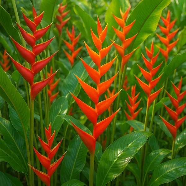 Discover a puzzle with vivid tropical heliconia blooms rising like fiery arrows among glossy green leaves.