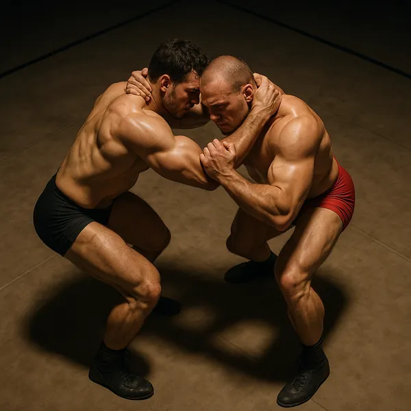 Play an online jigsaw puzzle in your browser that shows two wrestlers locked in a close, athletic embrace — a striking sports scene perfect for fans of action a