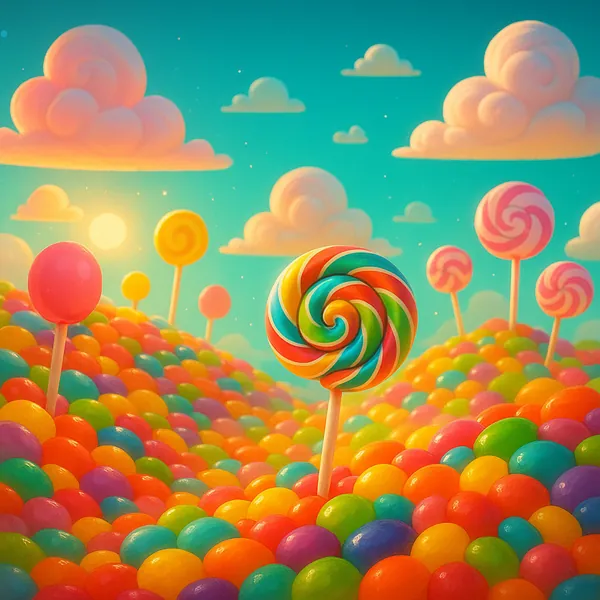 This online jigsaw puzzle features a whimsical candy landscape that’s perfect for browser play, centered on bright, swirled lollipops and hills of round, colorf