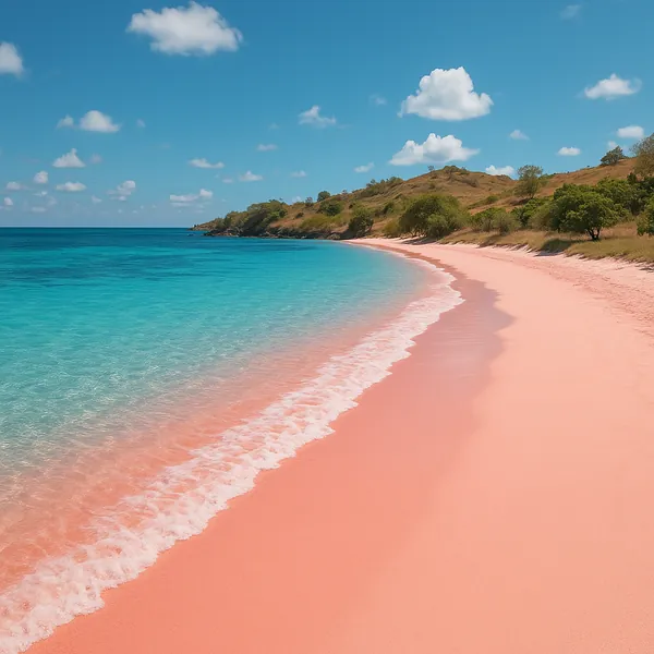 Enjoy assembling a puzzle depicting a serene pink-sand beach where gentle turquoise waves lap a sunlit shoreline beneath a bright blue sky.