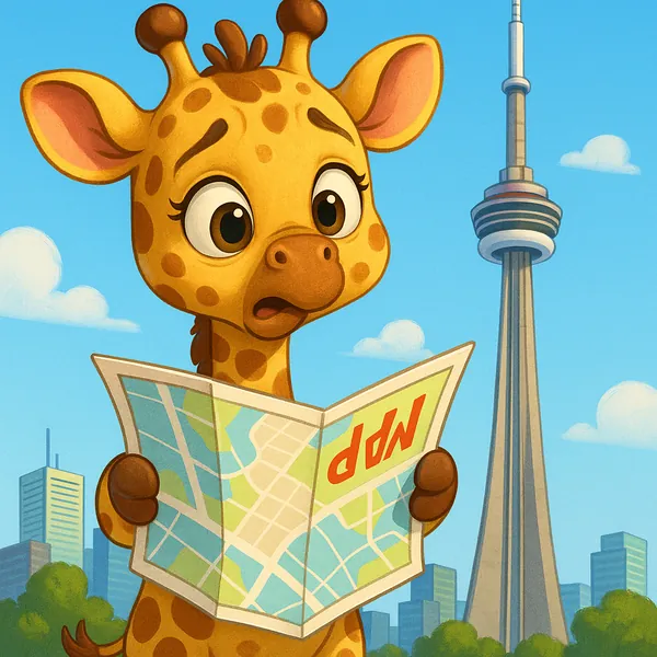 Try solving a puzzle that shows a wide-eyed, cartoon giraffe holding a folded map in front of a sunny city skyline with a tall observation tower rising into a b