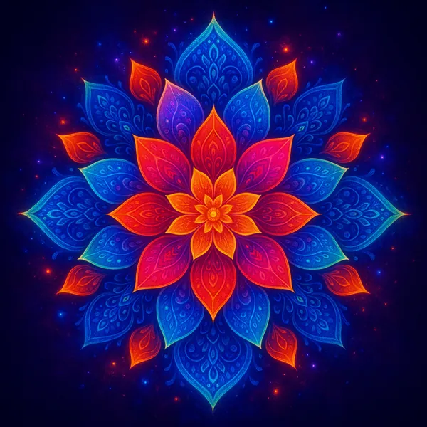 Enjoy an online jigsaw puzzle designed for browser play, featuring a vibrant mandala-style floral artwork that celebrates color and symmetry.