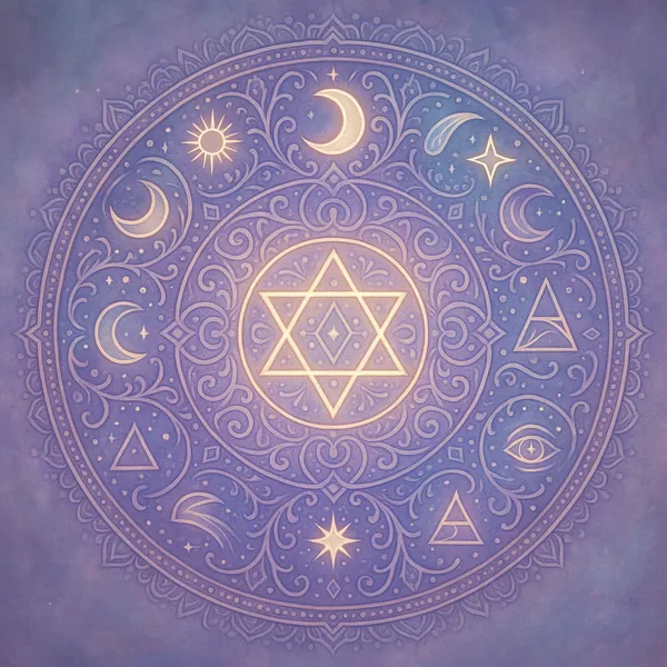 Enjoy an online jigsaw puzzle designed for browser play, featuring a celestial mandala rich with mystical art and geometric symbols.