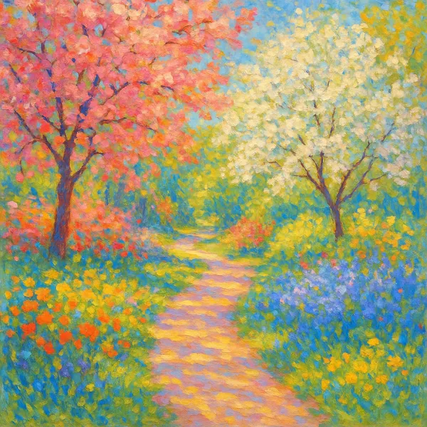 Discover a jigsaw puzzle with a sunlit garden path winding between two blossoming trees, perfect for PuzzleFree.Game.