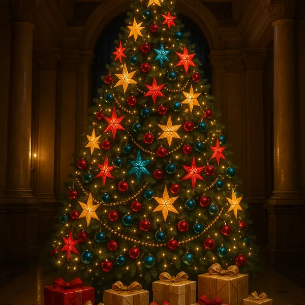 Enjoy an online jigsaw puzzle designed for browser play, featuring a beautifully decorated Christmas tree in an elegant indoor setting.