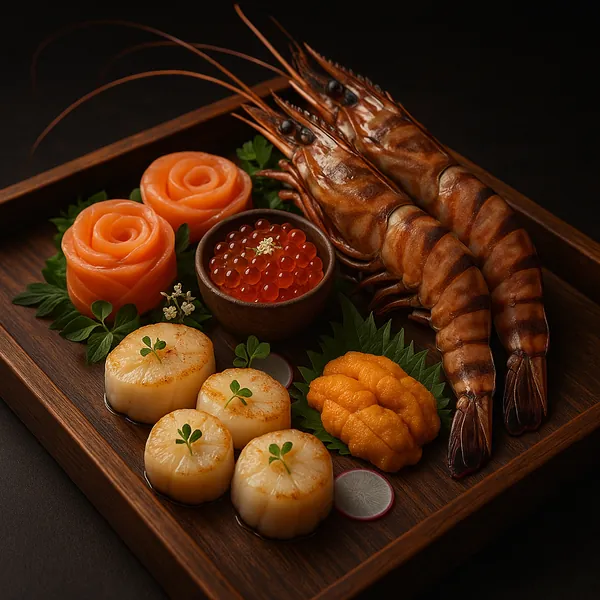 Discover a puzzle with an elegant gourmet seafood platter showcasing glossy tiger prawns, delicate seared scallops, rose-shaped salmon slices, bright orange uni