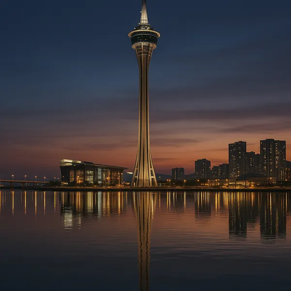 Discover a puzzle with a striking observation tower rising over a serene waterfront at dusk.