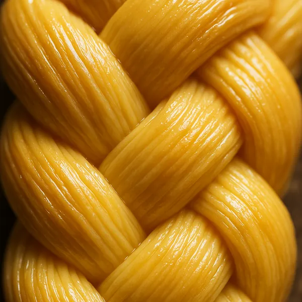 Discover a puzzle with a close-up view of glossy, golden braided strands—an inviting abstract of warm yellow tones and fine textured ridges.