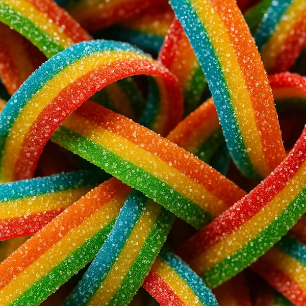Enjoy an online jigsaw puzzle designed for browser play, featuring a close-up of colorful rainbow sour candy.