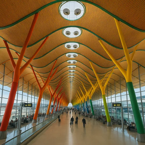 Enjoy assembling a puzzle depicting a bright, modern airport terminal with a sweeping, wavy wooden ceiling, round skylights, and tree-like columns painted in wa