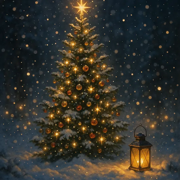 Enjoy an online jigsaw puzzle designed for browser play, featuring a festive holiday scene centered on a glowing Christmas tree.