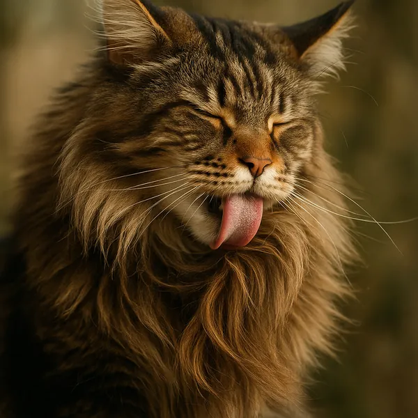 Enjoy assembling a puzzle depicting an adorable long-haired tabby cat with its eyes gently closed and tongue playfully sticking out.