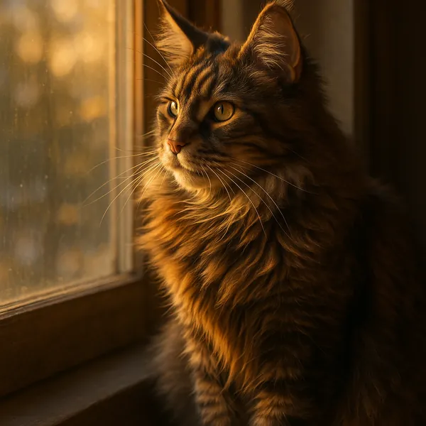 Discover a puzzle with a regal, long-haired tabby cat sitting by a window, bathed in warm golden-hour light.