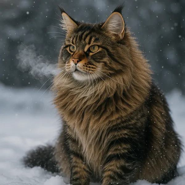 Discover a puzzle with a majestic brown tabby cat sitting in soft falling snow, its golden eyes and thick, fluffy ruff contrasting beautifully against cool gray