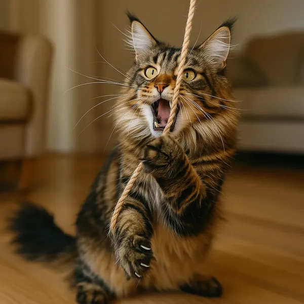 Discover a puzzle with an animated long-haired tabby cat mid-play, paws and whiskers reaching for a dangling rope against a warm, cozy living-room background.